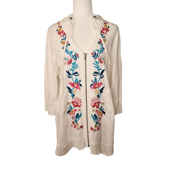 Caite Jackets & Blazers - CAITE Anthropologie Size XL Hooded Jacket White Boho Floral Embroidered